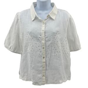 Joie Linen Shirt Womens XL White Eyelet Embroidered Short Puff Sleeves Button Up